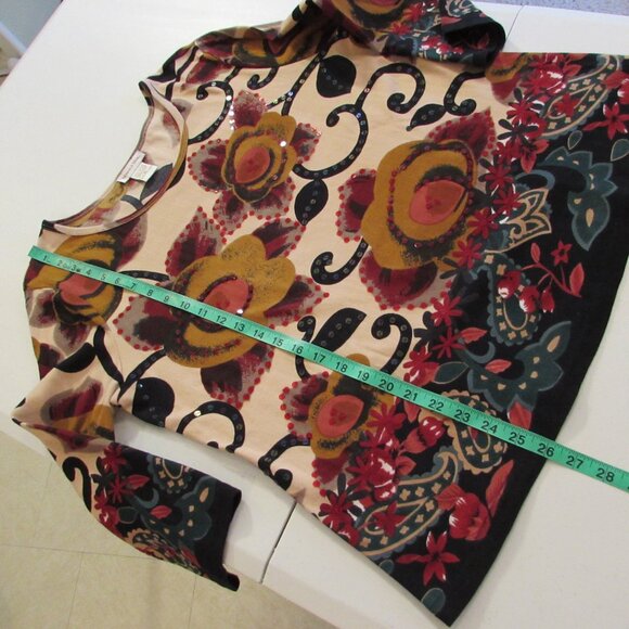 Monroe & Main Sequined Floral Cotton 3/4 Sleeve Autumn Colors Top - Picture 15 of 16